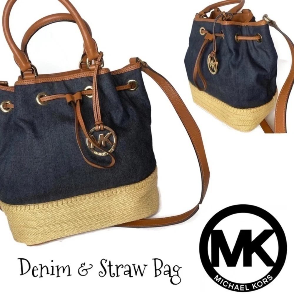 Michael Kors MK Y2K Denim Jean Straw Drawstring Bag